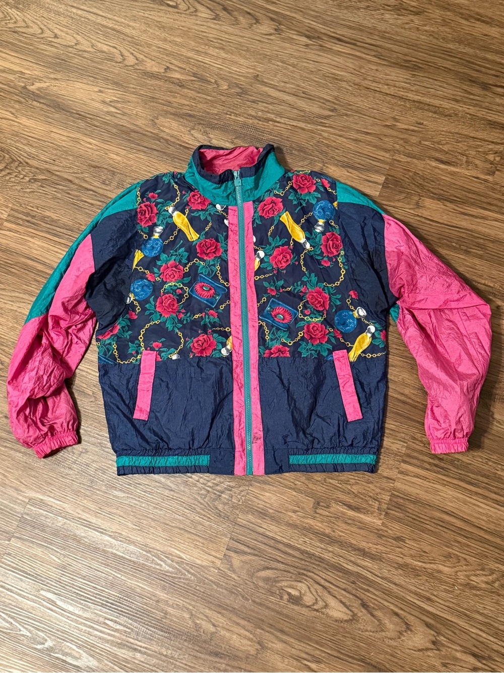 Vintage Active Frontier 90s Floral Windbreaker Jacket in Navy, Pink & Teal - MP